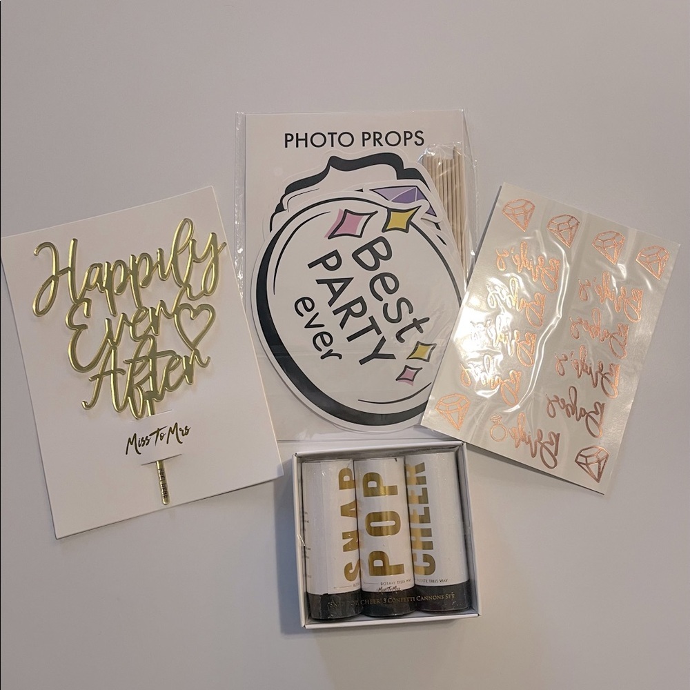 Bride Bachelorette Party Kit: Poppers, Tattoos, Cake Topper, and Photo Props